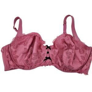 Cacique Pink Floral Lace Print Unlined Underwire Balconette Bra Size 46DDD